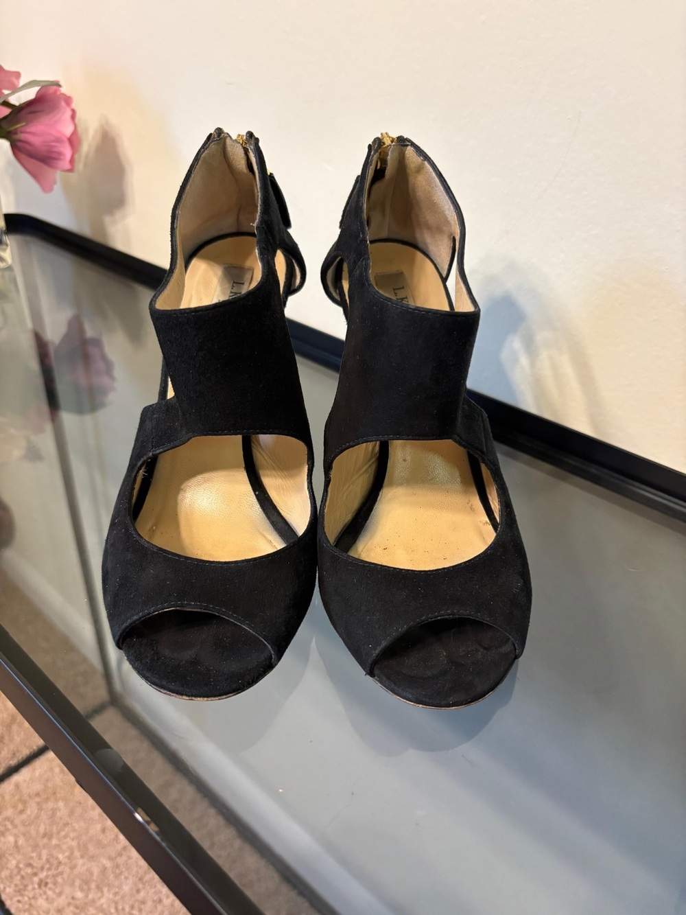 LK Bennett Black Suede Cutout Open-Toe Heels